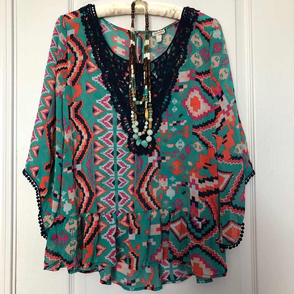 Eyeshadow Aztec Crochet Bib Blouse Med